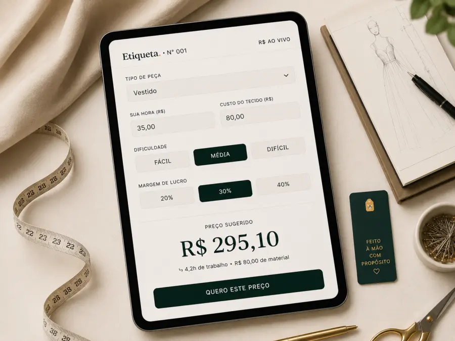 Interface da Etiqueta com elementos de ateliê ao redor